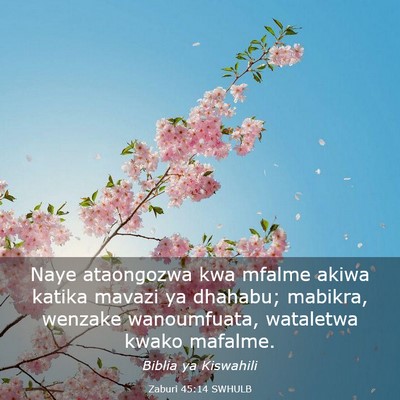 Picture 03 - Zaburi 45:14 SWHULB - Naye ataongozwa kwa mfalme akiwa katika mavazi ya - Bible Verse Picture