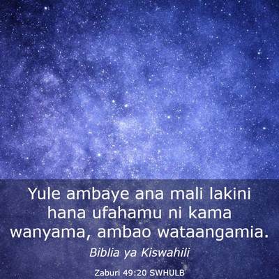 Picture 03 - Zaburi 49:20 SWHULB - Yule ambaye ana mali lakini hana ufahamu ni kama - Bible Verse Picture
