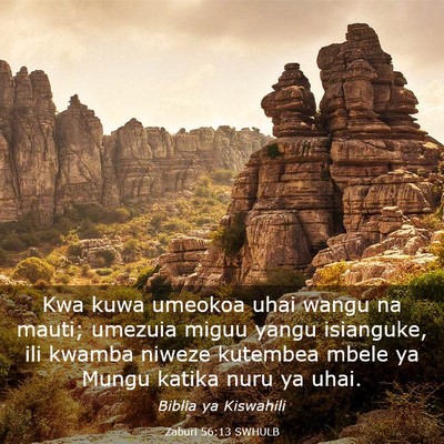 Picture 03 - Zaburi 56:13 SWHULB - Kwa kuwa umeokoa uhai wangu na mauti; umezuia - Bible Verse Picture