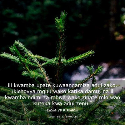 Picture 03 - Zaburi 68:23 SWHULB - ili kwamba upate kuwaangamiza adui zako, - Bible Verse Picture