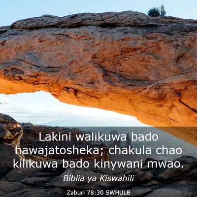 Picture 03 - Zaburi 78:30 SWHULB - Lakini walikuwa bado hawajatosheka; chakula chao - Bible Verse Picture