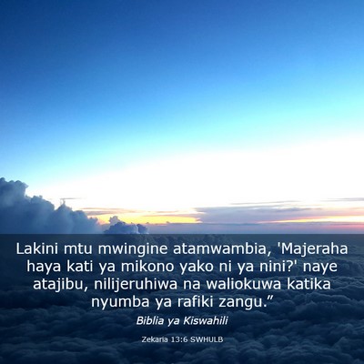 Picture 03 - Zekaria 13:6 SWHULB - Lakini mtu mwingine atamwambia, 'Majeraha haya - Bible Verse Picture