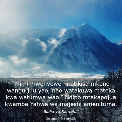 Picture 03 - Zekaria 2:9 SWHULB - “Mimi mwenyewe nitatikisa mkono wangu juu yao, - Bible Verse Picture