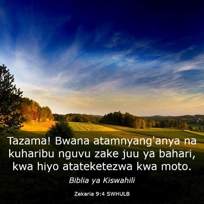 Picture 03 - Zekaria 9:4 SWHULB - Tazama! Bwana atamnyang'anya na kuharibu nguvu - Bible Verse Picture