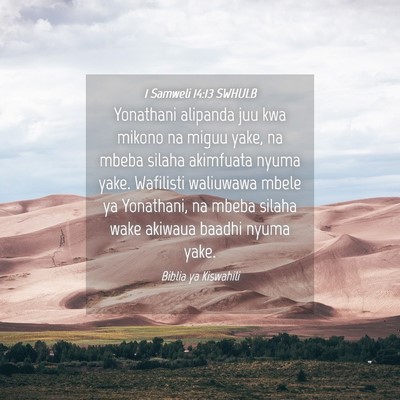 Picture 04 - 1 Samweli 14:13 SWHULB - Yonathani alipanda juu kwa mikono na miguu yake, - Bible Verse Picture