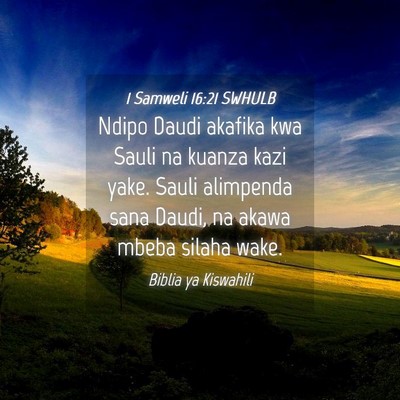 Picture 04 - 1 Samweli 16:21 SWHULB - Ndipo Daudi akafika kwa Sauli na kuanza kazi - Bible Verse Picture