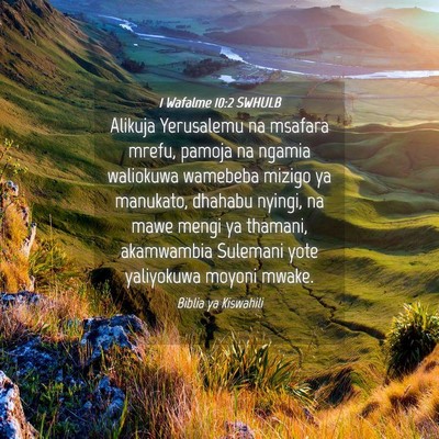 Picture 04 - 1 Wafalme 10:2 SWHULB - Alikuja Yerusalemu na msafara mrefu, pamoja na - Bible Verse Picture