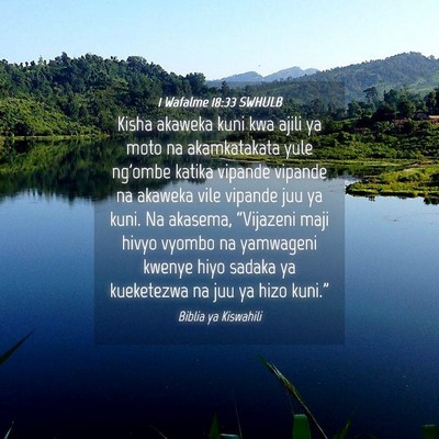 Picture 04 - 1 Wafalme 18:33 SWHULB - Kisha akaweka kuni kwa ajili ya moto na - Bible Verse Picture
