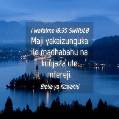 Picture 04 - 1 Wafalme 18:35 SWHULB - Maji yakaizunguka ile madhabahu na kuujaza ule - Bible Verse Picture
