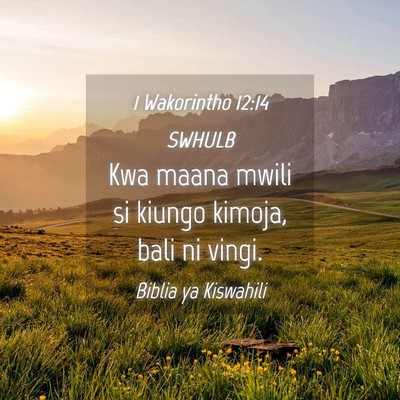 Picture 04 - 1 Wakorintho 12:14 SWHULB - Kwa maana mwili si kiungo kimoja, bali ni - Bible Verse Picture