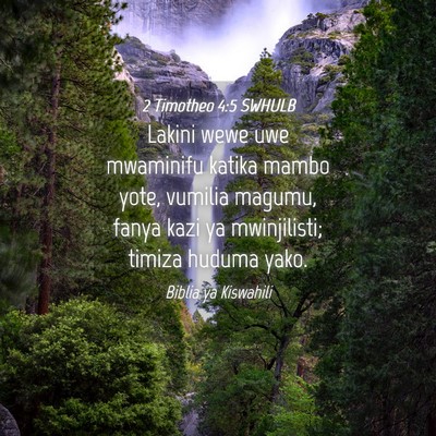 Picture 04 - 2 Timotheo 4:5 SWHULB - Lakini wewe uwe mwaminifu katika mambo yote, - Bible Verse Picture