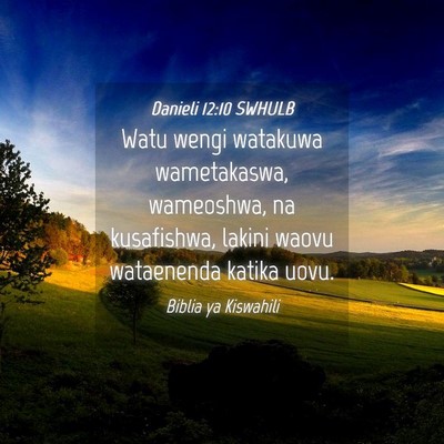 Picture 04 - Danieli 12:10 SWHULB - Watu wengi watakuwa wametakaswa, wameoshwa, na - Bible Verse Picture