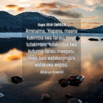 Picture 04 - Isaya 30:16 SWHULB - Amesema, 'Hapana, maana kukimbia kwa farasi; - Bible Verse Picture