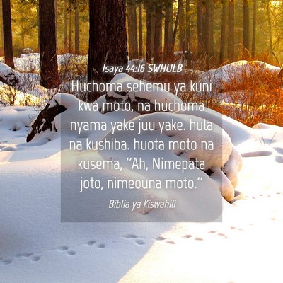 Picture 04 - Isaya 44:16 SWHULB - Huchoma sehemu ya kuni kwa moto, na huchoma nyama - Bible Verse Picture