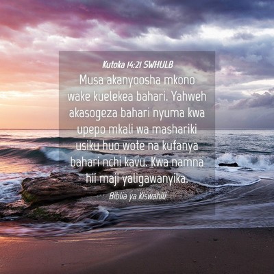 Picture 04 - Kutoka 14:21 SWHULB - Musa akanyoosha mkono wake kuelekea bahari. - Bible Verse Picture