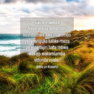 Picture 04 - Luka 16:21 SWHULB - Naye alikua akitamani kushibishwa kwa makombo - Bible Verse Picture