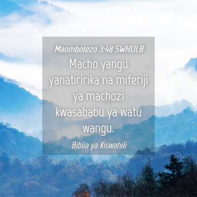 Picture 04 - Maombolezo 3:48 SWHULB - Macho yangu yanatiririka na miferiji ya machozi - Bible Verse Picture