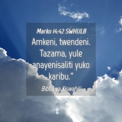 Picture 04 - Marko 14:42 SWHULB - Amkeni, twendeni. Tazama, yule anayenisaliti yuko - Bible Verse Picture