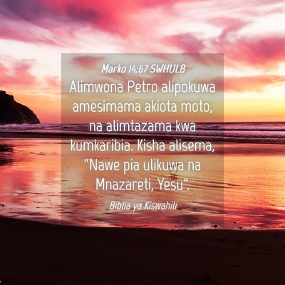 Picture 04 - Marko 14:67 SWHULB - Alimwona Petro alipokuwa amesimama akiota moto, - Bible Verse Picture