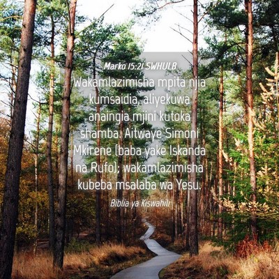 Picture 04 - Marko 15:21 SWHULB - Wakamlazimisha mpita njia kumsaidia, aliyekuwa - Bible Verse Picture