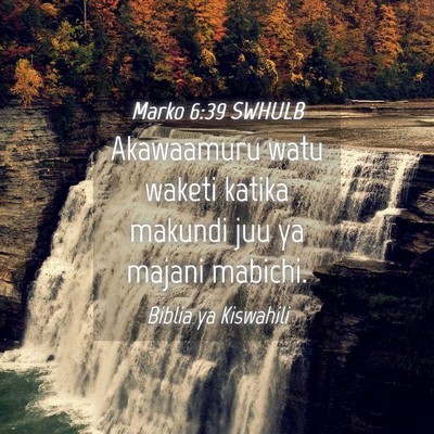 Picture 04 - Marko 6:39 SWHULB - Akawaamuru watu waketi katika makundi juu ya - Bible Verse Picture