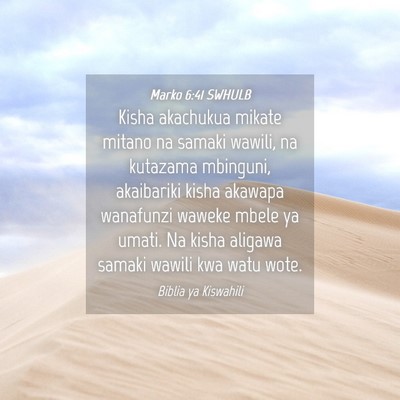 Picture 04 - Marko 6:41 SWHULB - Kisha akachukua mikate mitano na samaki wawili, - Bible Verse Picture