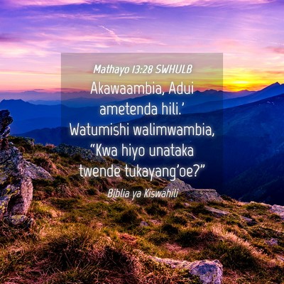Picture 04 - Mathayo 13:28 SWHULB - Akawaambia, Adui ametenda hili.' Watumishi - Bible Verse Picture
