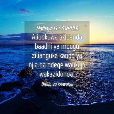 Picture 04 - Mathayo 13:4 SWHULB - Alipokuwa akipanda baadhi ya mbegu zilianguka - Bible Verse Picture