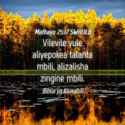 Picture 04 - Mathayo 25:17 SWHULB - Vilevile yule aliyepokea talanta mbili, - Bible Verse Picture