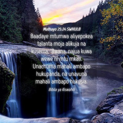 Picture 04 - Mathayo 25:24 SWHULB - Baadaye mtumwa aliyepokea talanta moja alikuja na - Bible Verse Picture