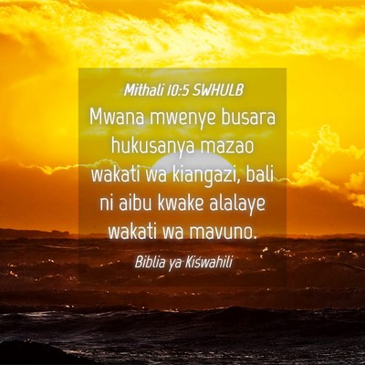 Picture 04 - Mithali 10:5 SWHULB - Mwana mwenye busara hukusanya mazao wakati wa - Bible Verse Picture