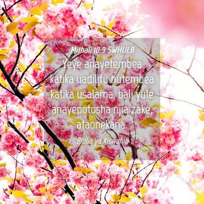 Picture 04 - Mithali 10:9 SWHULB - Yeye anayetembea katika uadilifu hutembea katika - Bible Verse Picture