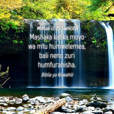 Picture 04 - Mithali 12:25 SWHULB - Mashaka katika moyo wa mtu humwelemea, bali neno - Bible Verse Picture