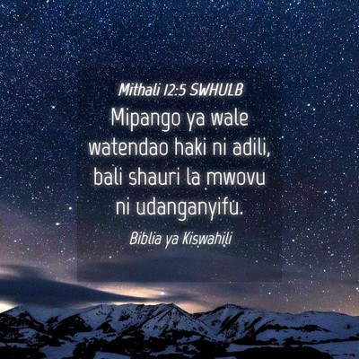 Picture 04 - Mithali 12:5 SWHULB - Mipango ya wale watendao haki ni adili, bali - Bible Verse Picture
