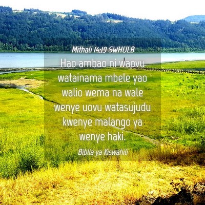 Picture 04 - Mithali 14:19 SWHULB - Hao ambao ni waovu watainama mbele yao walio wema - Bible Verse Picture
