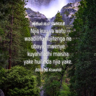 Picture 04 - Mithali 16:17 SWHULB - Njia kuu ya watu waadilifu hujitenga na ubaya; - Bible Verse Picture