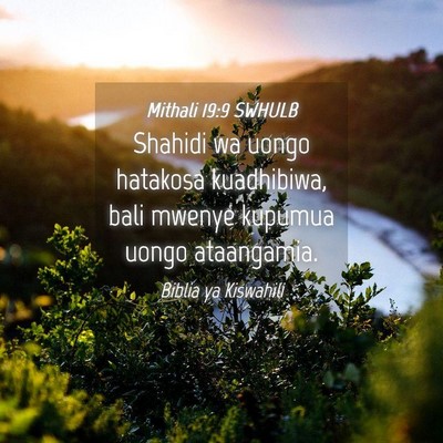 Picture 04 - Mithali 19:9 SWHULB - Shahidi wa uongo hatakosa kuadhibiwa, bali mwenye - Bible Verse Picture