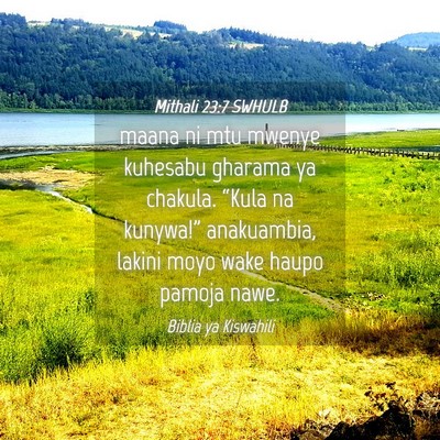 Picture 04 - Mithali 23:7 SWHULB - maana ni mtu mwenye kuhesabu gharama ya chakula. - Bible Verse Picture