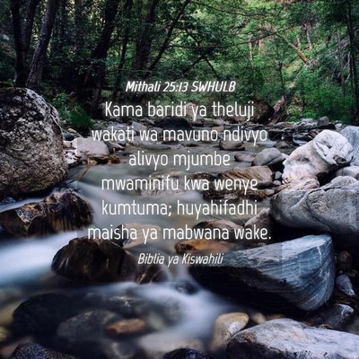Picture 04 - Mithali 25:13 SWHULB - Kama baridi ya theluji wakati wa mavuno ndivyo - Bible Verse Picture