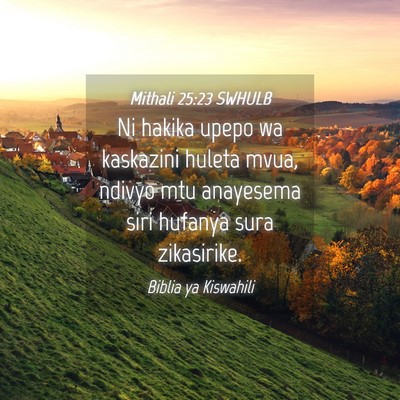 Picture 04 - Mithali 25:23 SWHULB - Ni hakika upepo wa kaskazini huleta mvua, ndivyo - Bible Verse Picture