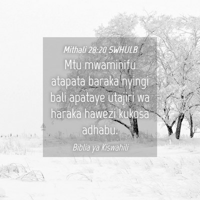 Picture 04 - Mithali 28:20 SWHULB - Mtu mwaminifu atapata baraka nyingi bali apataye - Bible Verse Picture