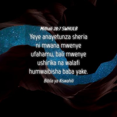 Picture 04 - Mithali 28:7 SWHULB - Yeye anayetunza sheria ni mwana mwenye ufahamu, - Bible Verse Picture