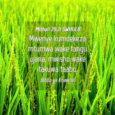 Picture 04 - Mithali 29:21 SWHULB - Mwenye kumdekeza mtumwa wake tangu ujana, mwisho - Bible Verse Picture