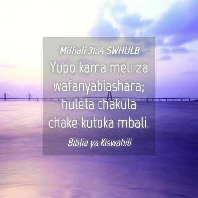 Picture 04 - Mithali 31:14 SWHULB - Yupo kama meli za wafanyabiashara; huleta chakula - Bible Verse Picture