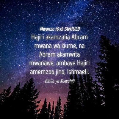 Picture 04 - Mwanzo 16:15 SWHULB - Hajiri akamzalia Abram mwana wa kiume, na Abram - Bible Verse Picture