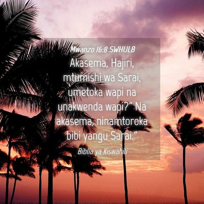Picture 04 - Mwanzo 16:8 SWHULB - Akasema, Hajiri, mtumishi wa Sarai, umetoka wapi - Bible Verse Picture