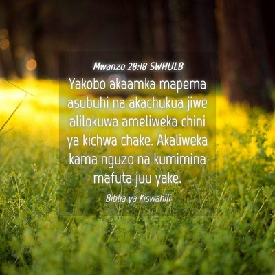 Picture 04 - Mwanzo 28:18 SWHULB - Yakobo akaamka mapema asubuhi na akachukua jiwe - Bible Verse Picture
