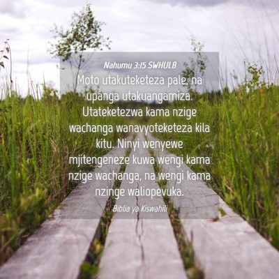 Picture 04 - Nahumu 3:15 SWHULB - Moto utakuteketeza pale, na upanga utakuangamiza. - Bible Verse Picture