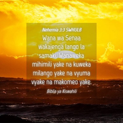 Picture 04 - Nehemia 3:3 SWHULB - Wana wa Senaa wakajenga lango la samaki. Wanaweka - Bible Verse Picture