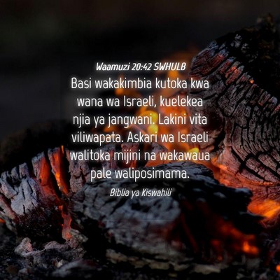 Picture 04 - Waamuzi 20:42 SWHULB - Basi wakakimbia kutoka kwa wana wa Israeli, - Bible Verse Picture